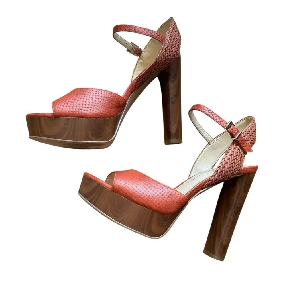 Jessica Simpson istilla burnt orange wood heel basketweave straps platform heels